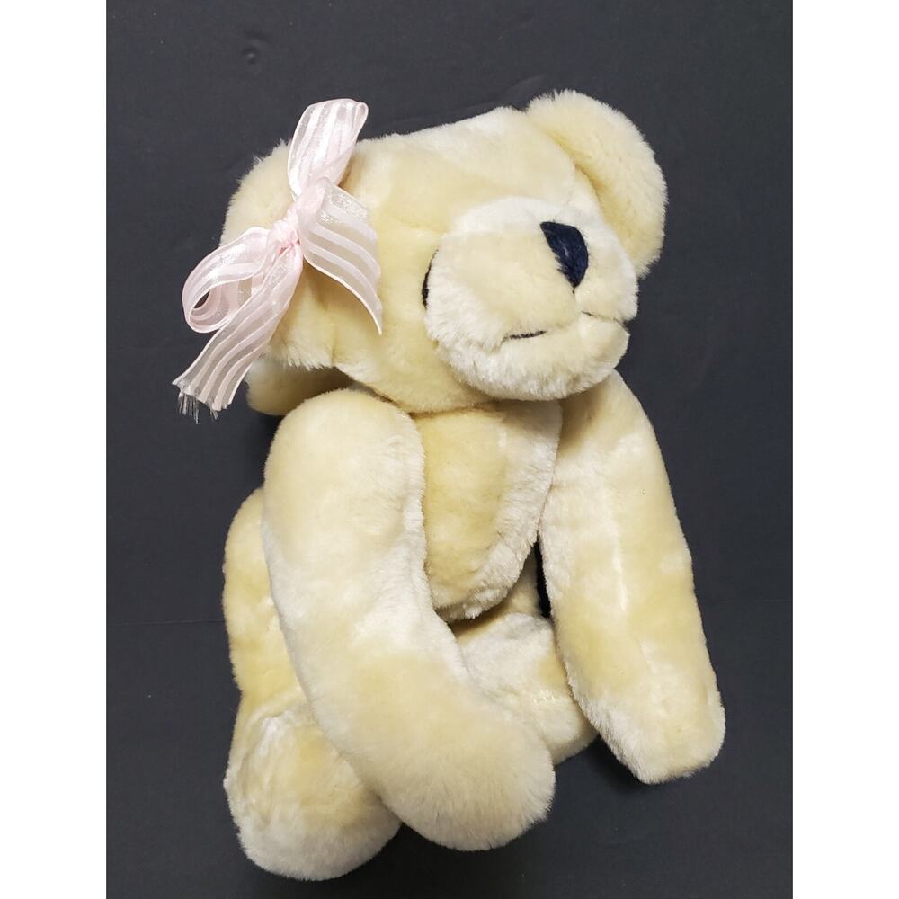 Vintage Jointed Teddy Bear Dog Puppy Blonde Brown Pink Bow Collectible